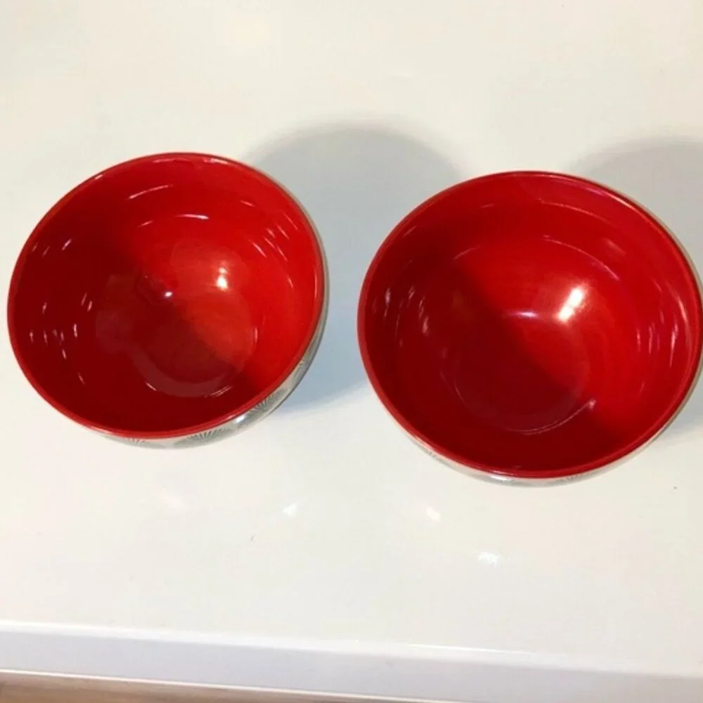 PIONEER WOMAN Bowl Cream with Green Starburst Red Interior 6 inches Set of 2